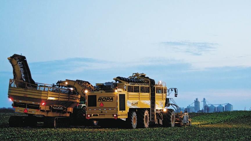 Laracha Farms use the Ropa nine-row self-propelled machine to harvest sugarbeets. Photo by Pete Hudeck